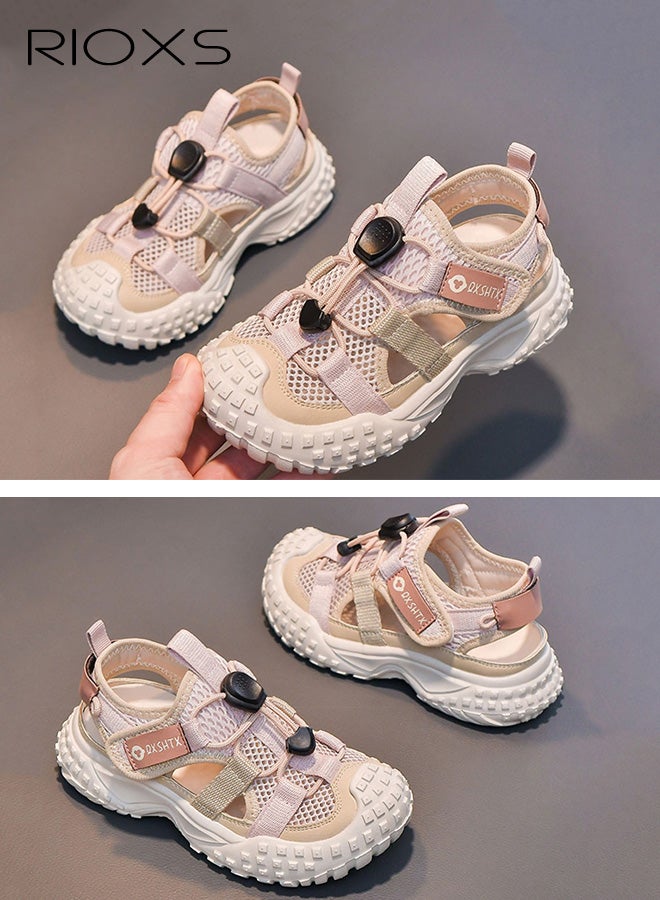 RIOXS Kids Unisex Sandals, Trendy Baby Girls' Flat Sandals, Boys' Closed Round Toe Sports Water Shoes, Summer Breathable Mesh Shoes Qucik Dry Sandals, Lightweight Toddler Barefoot Shoes, Non-Slip Comfy Convenient Sneakers for Beach/ Kayaking/ Pool, Tennis Hiking Sneaker for Indoor Outdoor Activities, Kid's Footwear Pink - Image 1