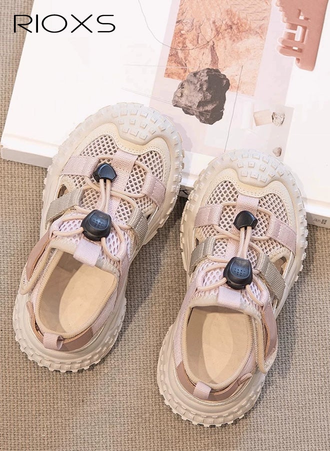 RIOXS Kids Unisex Sandals, Trendy Baby Girls' Flat Sandals, Boys' Closed Round Toe Sports Water Shoes, Summer Breathable Mesh Shoes Qucik Dry Sandals, Lightweight Toddler Barefoot Shoes, Non-Slip Comfy Convenient Sneakers for Beach/ Kayaking/ Pool, Tennis Hiking Sneaker for Indoor Outdoor Activities, Kid's Footwear Pink - Image 2