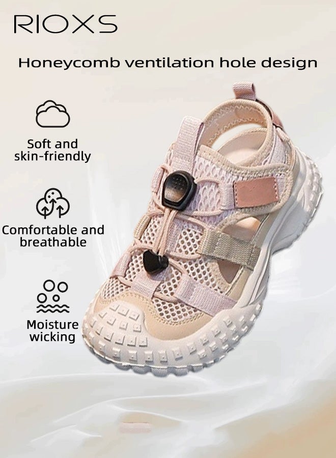 RIOXS Kids Unisex Sandals, Trendy Baby Girls' Flat Sandals, Boys' Closed Round Toe Sports Water Shoes, Summer Breathable Mesh Shoes Qucik Dry Sandals, Lightweight Toddler Barefoot Shoes, Non-Slip Comfy Convenient Sneakers for Beach/ Kayaking/ Pool, Tennis Hiking Sneaker for Indoor Outdoor Activities, Kid's Footwear Pink - Image 5