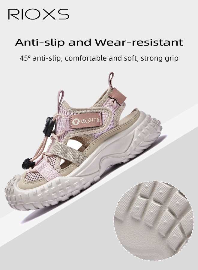 RIOXS Kids Unisex Sandals, Trendy Baby Girls' Flat Sandals, Boys' Closed Round Toe Sports Water Shoes, Summer Breathable Mesh Shoes Qucik Dry Sandals, Lightweight Toddler Barefoot Shoes, Non-Slip Comfy Convenient Sneakers for Beach/ Kayaking/ Pool, Tennis Hiking Sneaker for Indoor Outdoor Activities, Kid's Footwear Pink - Image 3