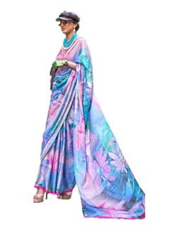 Satin Pink Blue Printed Saree With Unstitched Blouse