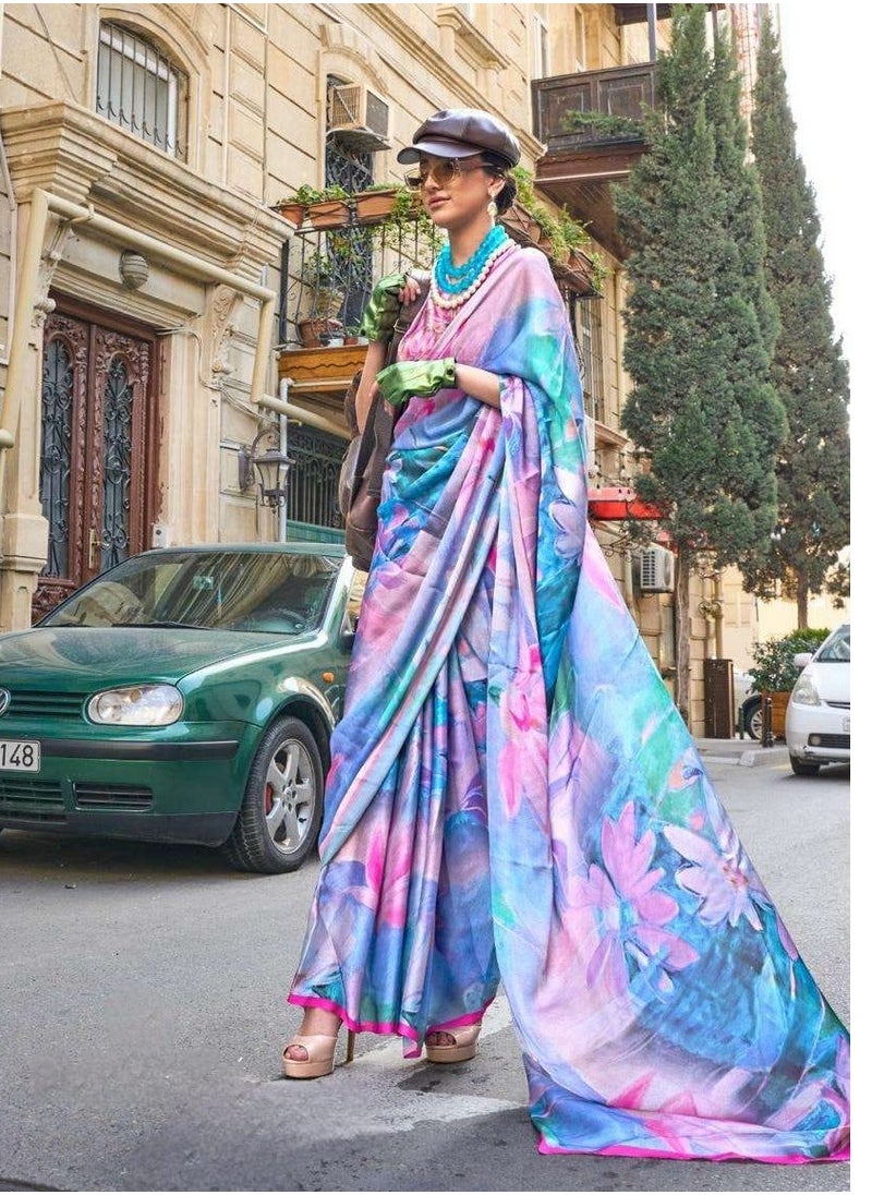 Grab Mantra - Satin Pink Blue Printed Saree With Unstitched Blouse - Image 1