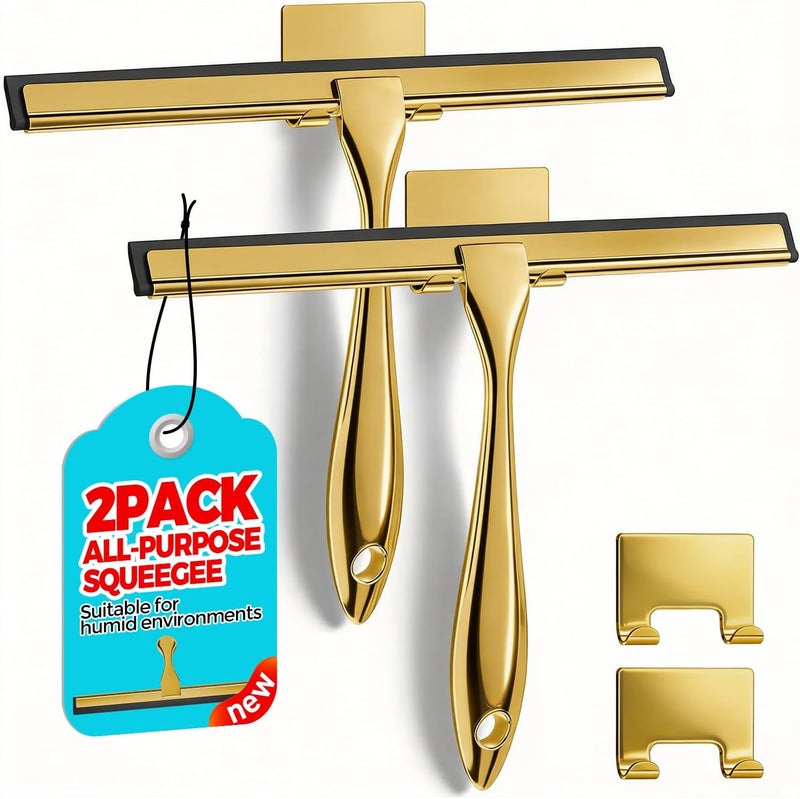 ALFLOD 2PACK ممسحة دش متعددة الأغراض ذهبية 9.5 بوصة لأبواب الدش، مجموعات أقمشة الحمام، جدران الدش المبلطة، الحمام، النافذة، الزجاج وزجاج السيارة الأمامي، المرايا والمطبخ - ستانلس ستيل - Image 1