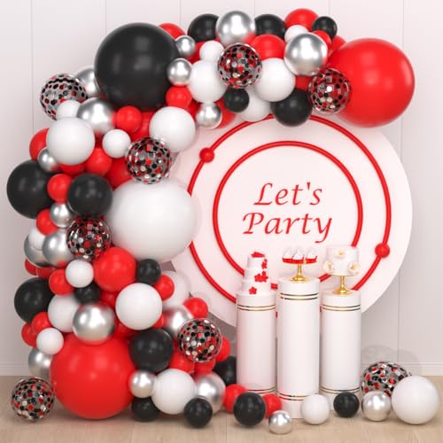 LUDEOU Red Black White Silver Balloon Garland Arch Kit Red and White Balloons Red Black Silver Balloons for Birthday Wedding Retirement Graduation Christmas Party Decorations - Image 1