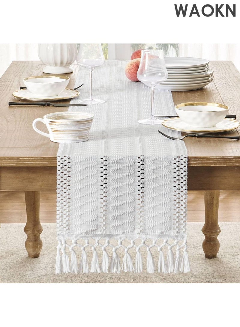 دبليو أيه أو كي أن طاولة منسوجة يدويا - بوهو شيك 30 × 120 سم ديكور أبيض | نمط هندسي عربي للرمضان / عيد / العشاء في المزرعة | حواف هامشية وحرفية ممتازة | أناقة منزلية الشرق الأوسط - Image 2