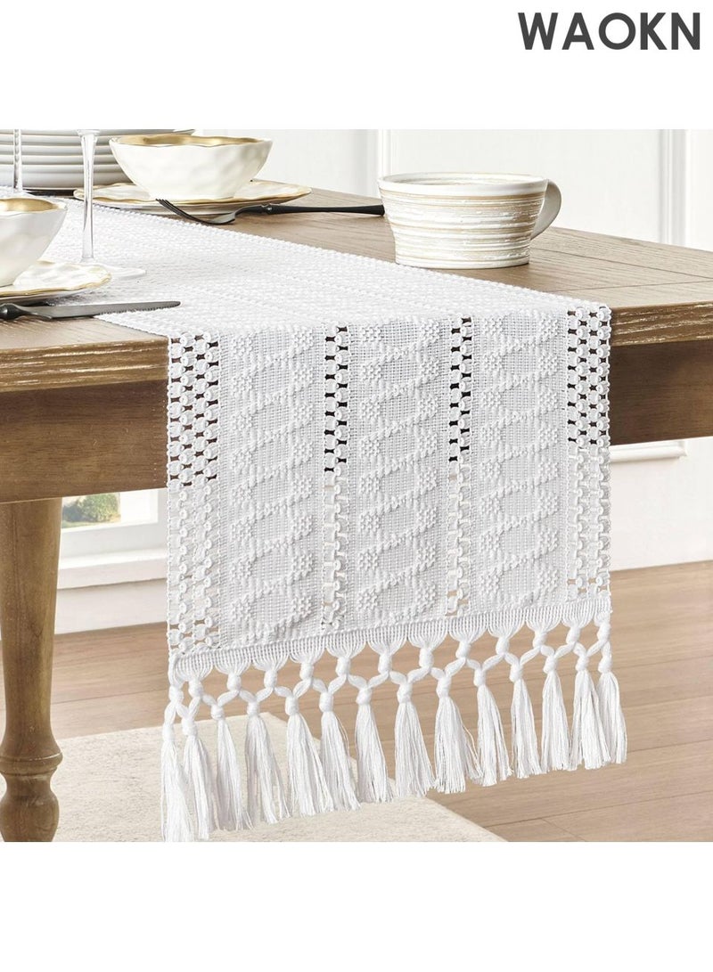 دبليو أيه أو كي أن طاولة منسوجة يدويا - بوهو شيك 30 × 120 سم ديكور أبيض | نمط هندسي عربي للرمضان / عيد / العشاء في المزرعة | حواف هامشية وحرفية ممتازة | أناقة منزلية الشرق الأوسط - Image 1