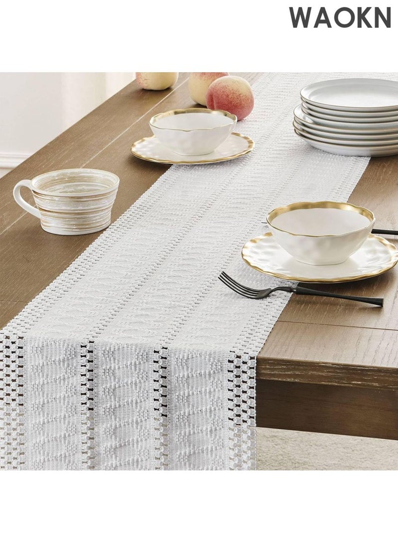دبليو أيه أو كي أن طاولة منسوجة يدويا - بوهو شيك 30 × 120 سم ديكور أبيض | نمط هندسي عربي للرمضان / عيد / العشاء في المزرعة | حواف هامشية وحرفية ممتازة | أناقة منزلية الشرق الأوسط - Image 5