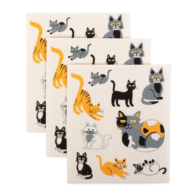 SWEDISH DISHCLOTHS FOR KITCHEN CLEANING REUSABLE MACHINE WASHABLE DISHWASHER SAFE BIODEGRADABLE 775 X 675 CATS EVERYWHERE 3 PIECE