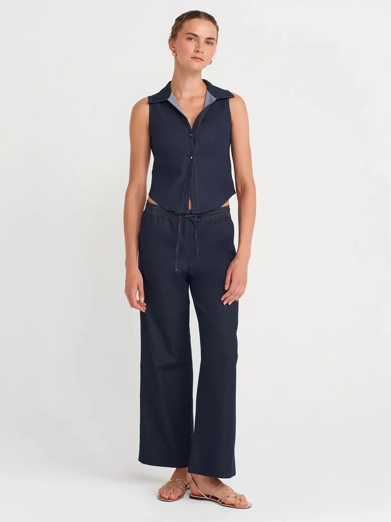 Dilvin Dilvin Wide-Leg Woven Trousers With Drawstring Waist