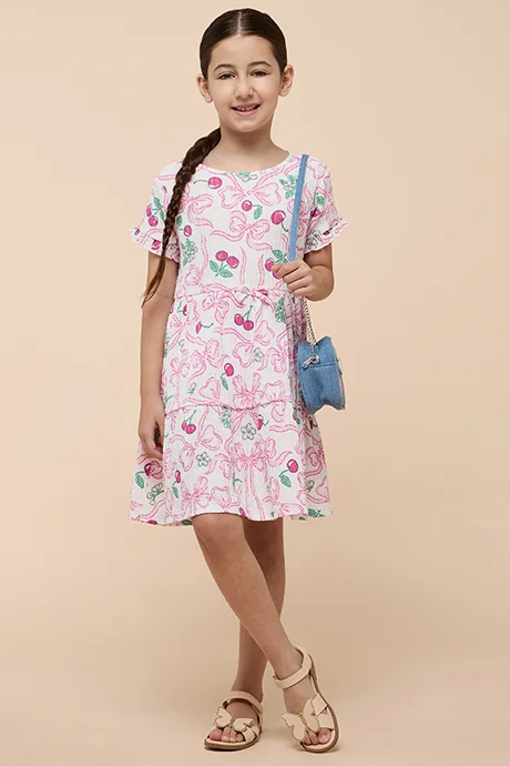 R&B Printed Tiered Dress with Crew Neck and Short Sleeves