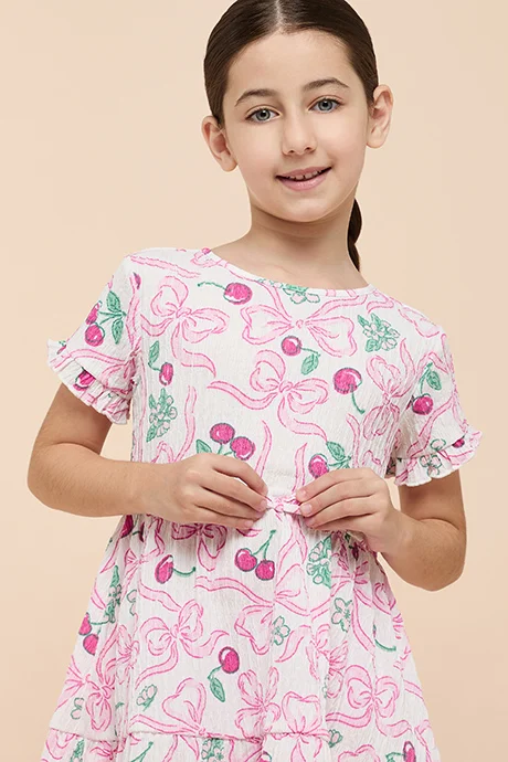 R&B Printed Tiered Dress with Crew Neck and Short Sleeves