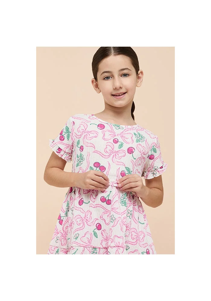 أر أند بي Printed Tiered Dress with Crew Neck and Short Sleeves