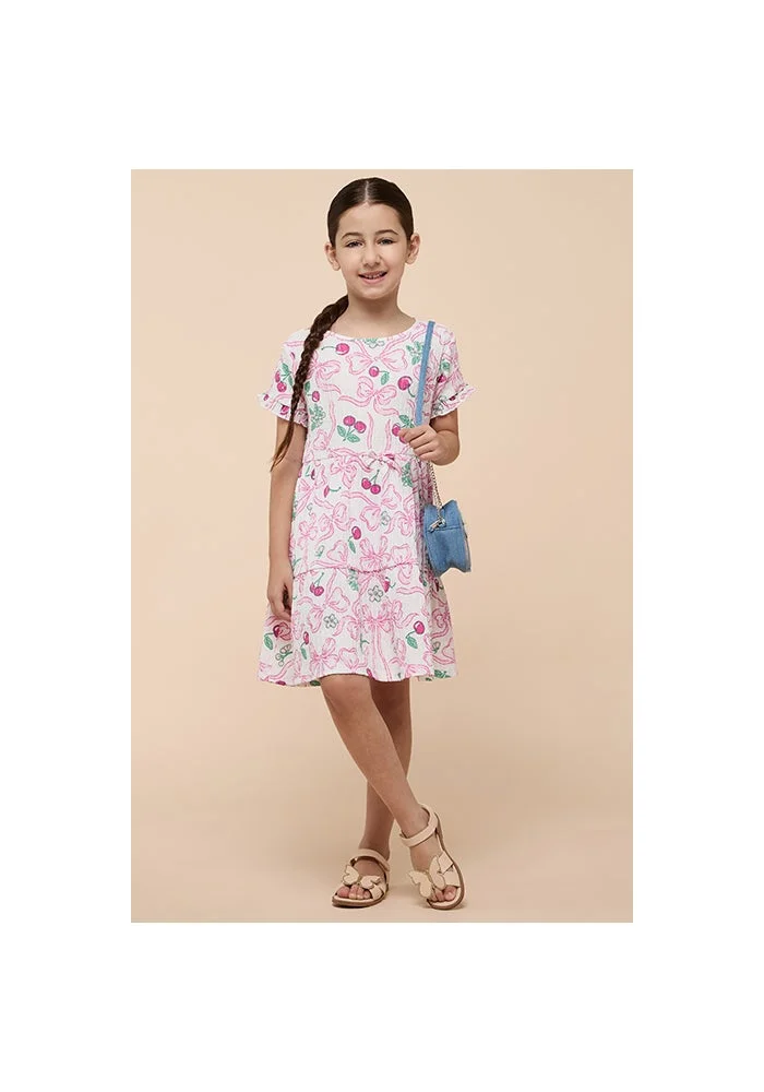 أر أند بي Printed Tiered Dress with Crew Neck and Short Sleeves