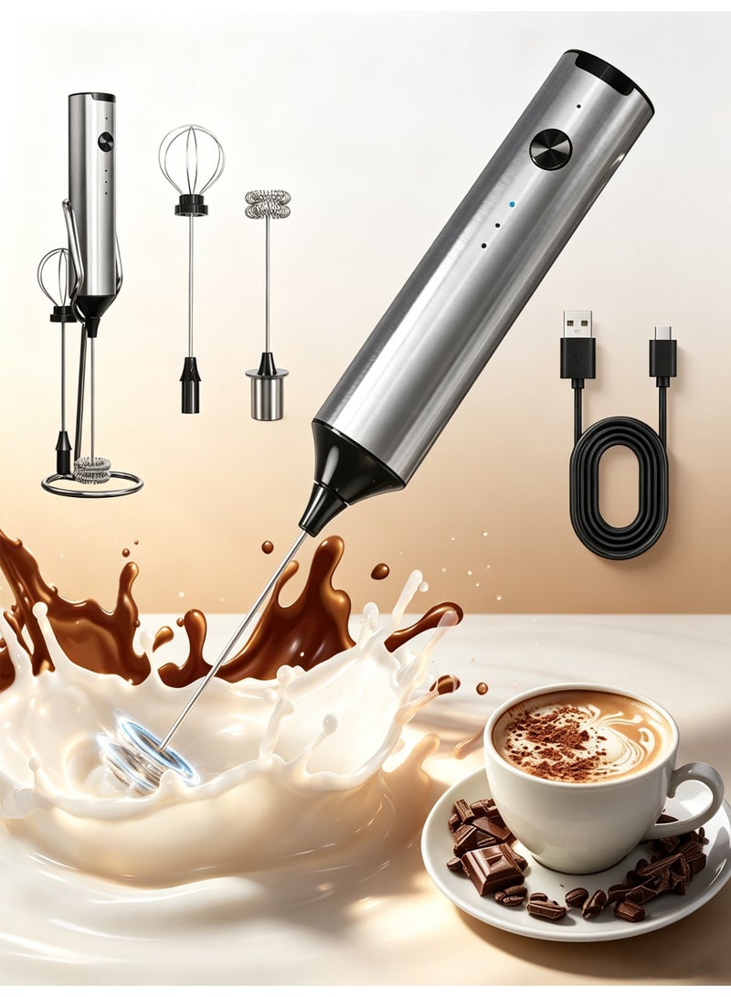 Naxifly Rechargeable Electric Foam Maker,Electric Handheld Frother With Stand, 3-Speeds Automatic Stainless Foam Maker For Coffee, Latte, Cappuccino, Hot Chocolate, Egg.etc - Image 1