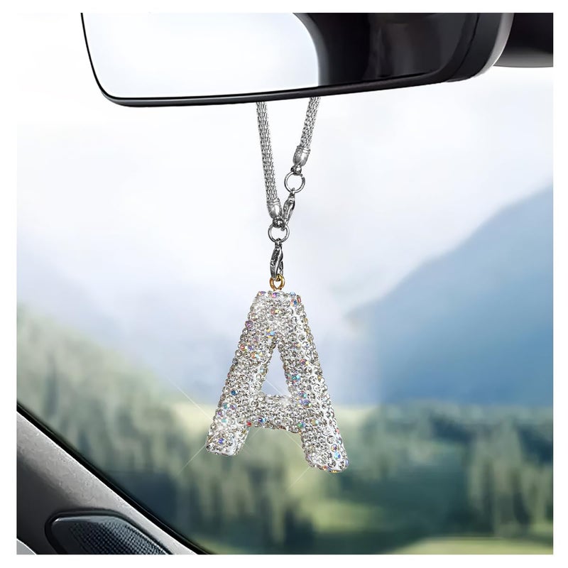 DXNQ Bling Initial Car Rear View Mirror Ornament Crystal Sparkling Cute Letter Charm Pendant Auto Decor Hanging Lucky Diamond Initial Charm Car Mirror Bag Ornament for Girl Women Letter A - Image 3