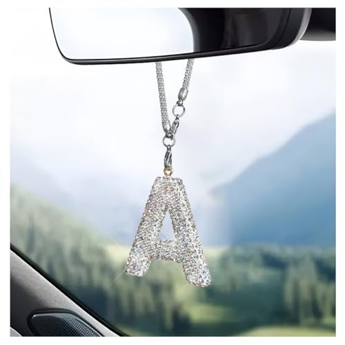 DXNQ Bling Initial Car Rear View Mirror Ornament Crystal Sparkling Cute Letter Charm Pendant Auto Decor Hanging Lucky Diamond Initial Charm Car Mirror Bag Ornament for Girl Women Letter A - Image 1