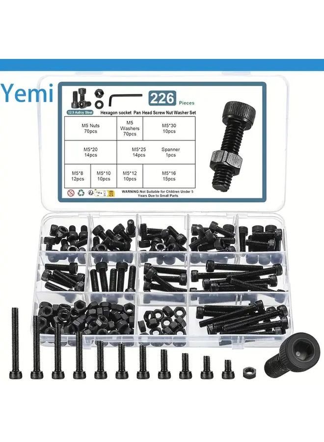 226pcs M5 Hex Socket Head Cap Screws and Nuts Assortment Kit 12 9 Grade Alloy Steel - Image 2