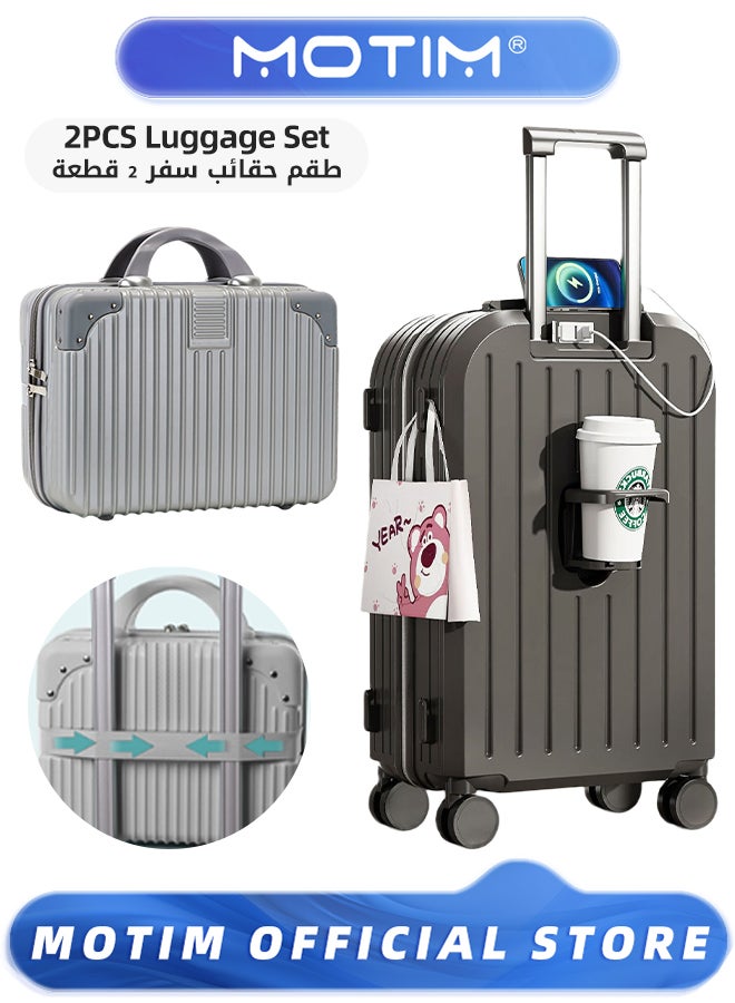 موتيم 2 قطع الصعود المحمولة على الأمتعة مجموعات حقائب السفر تحمل الأمتعة مع عجلات دوارة حقيبة حمل مؤطرة من الألومنيوم مع منفذ USB وحامل أكواب وحامل هاتف أمتعة كبيرة مسجلة - Image 1