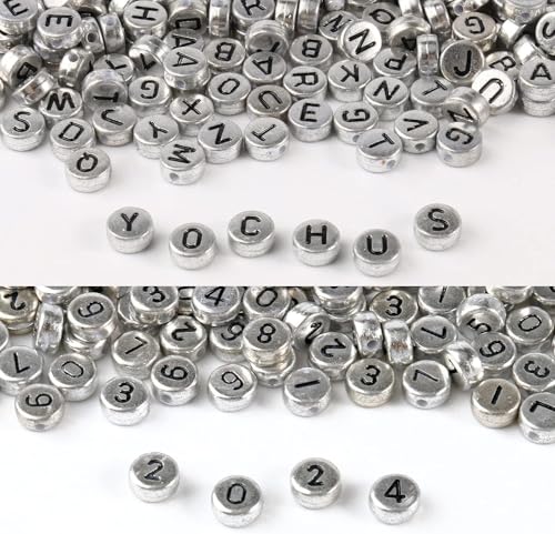 Yochus 1000pcs Silver Mixed Round Acrylic Letter Beads 4x7mm Black Alphabet Number Beads for Jewelry Making and DIY Bracelets - Image 1