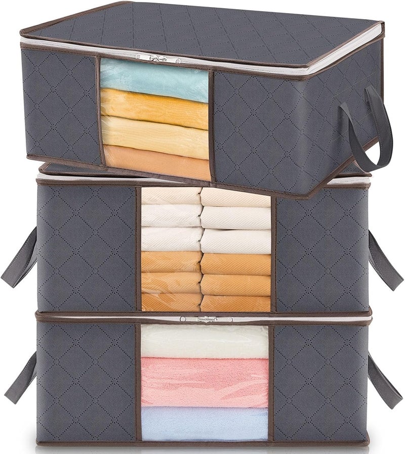 Lifewit Clothes Storage Bag Foldable Storage Bin Closet Organizer with Reinforced Handle Sturdy Fabric Clear Window for Sweaters, Coats, T-Shirts, Blankets, 3 Pack, 35L, Grey - Image 1