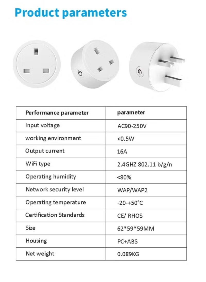 Smart WiFi Plug, 16A Smart Outlet Plug Socket for Home appliances Automation Compatible with Google Home & Alexa. Mini Socket with remote & voice control with timer function. No Hub required. (Pack of 2) - Image 5