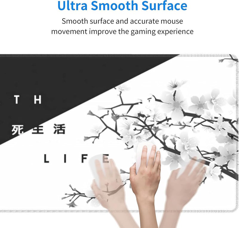 aportt Black White Cherry Blossom Mouse Pad Japanese Sakura Death Life Extended Desk Mat 80X30 cm Non-Slip Rubber Base Stitched Edge Large XL Playmat for Gaming Laptop Computer PC Desktop,31.5×11.8 Inch - Image 4