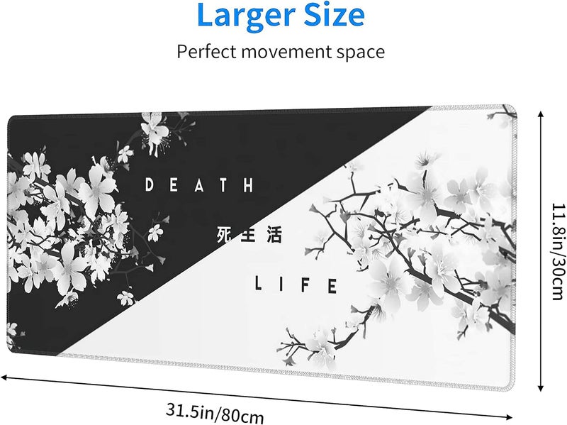 aportt Black White Cherry Blossom Mouse Pad Japanese Sakura Death Life Extended Desk Mat 80X30 cm Non-Slip Rubber Base Stitched Edge Large XL Playmat for Gaming Laptop Computer PC Desktop,31.5×11.8 Inch - Image 2