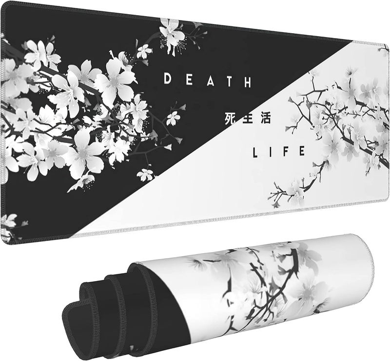 aportt Black White Cherry Blossom Mouse Pad Japanese Sakura Death Life Extended Desk Mat 80X30 cm Non-Slip Rubber Base Stitched Edge Large XL Playmat for Gaming Laptop Computer PC Desktop,31.5×11.8 Inch - Image 1