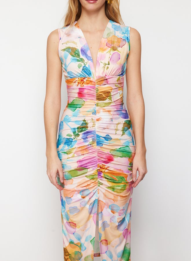 trendyol Floral Printed Fitted Ruffle Detailed Knitted Stretchy Midi Pencil Dress  - Image 4
