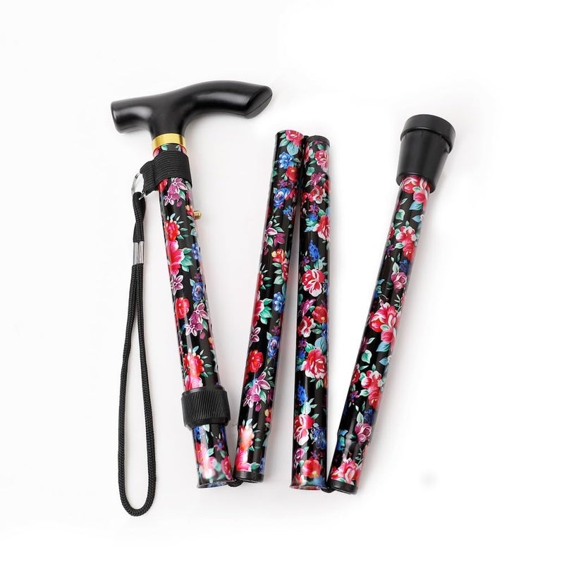 Comfkey Folding Lightweight Walking Stick - Adjustable Aluminum Metal Collapsible Travel Cane with Non-Slip Rubber Base (Black Floral 2) - Image 1