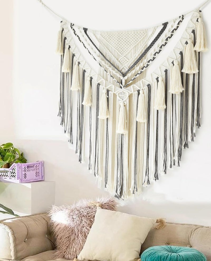 Jakalin Macrame Wall Hanging Grey Small Macrame Wall Decor Panels Handmade Wall Art Home Living Room Bedroom Decor,31" Wx 39" L - Image 1