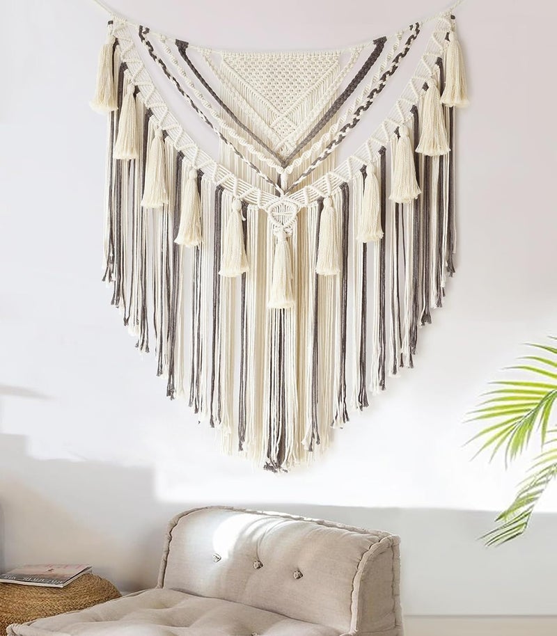 Jakalin Macrame Wall Hanging Grey Small Macrame Wall Decor Panels Handmade Wall Art Home Living Room Bedroom Decor,31" Wx 39" L - Image 2