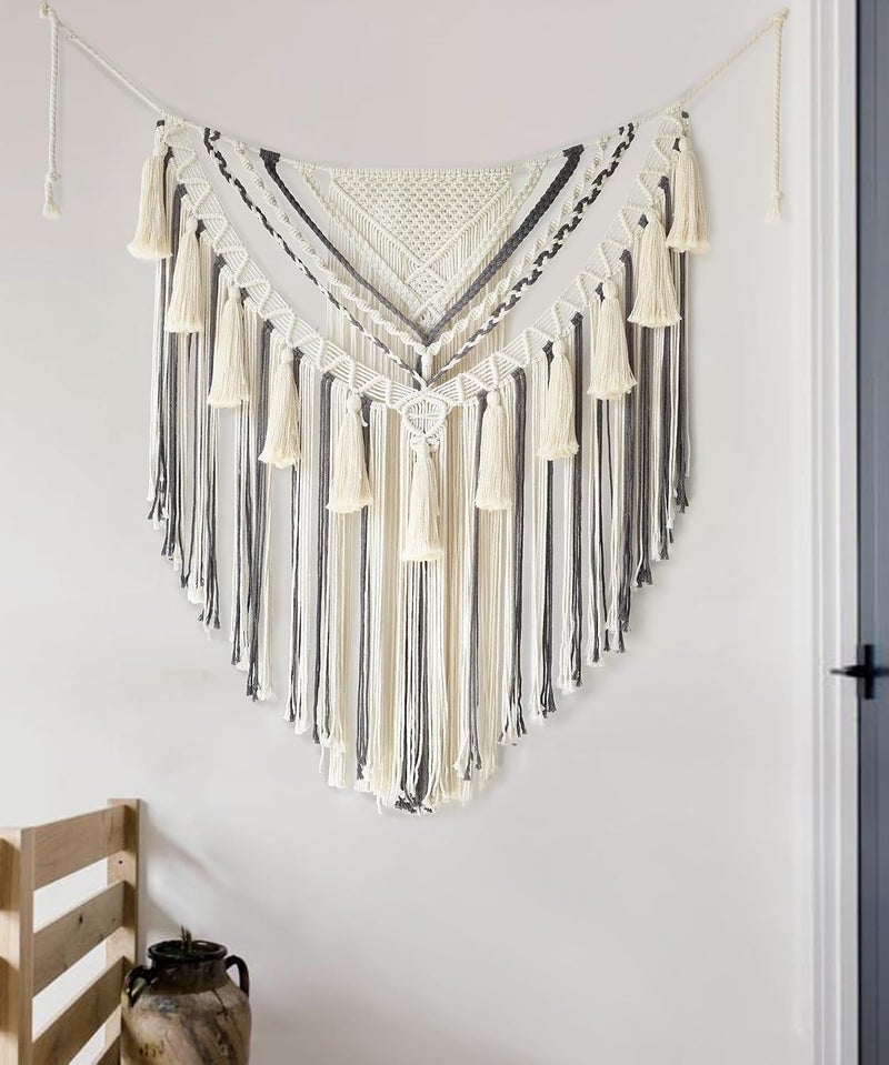 Jakalin Macrame Wall Hanging Grey Small Macrame Wall Decor Panels Handmade Wall Art Home Living Room Bedroom Decor,31" Wx 39" L - Image 4