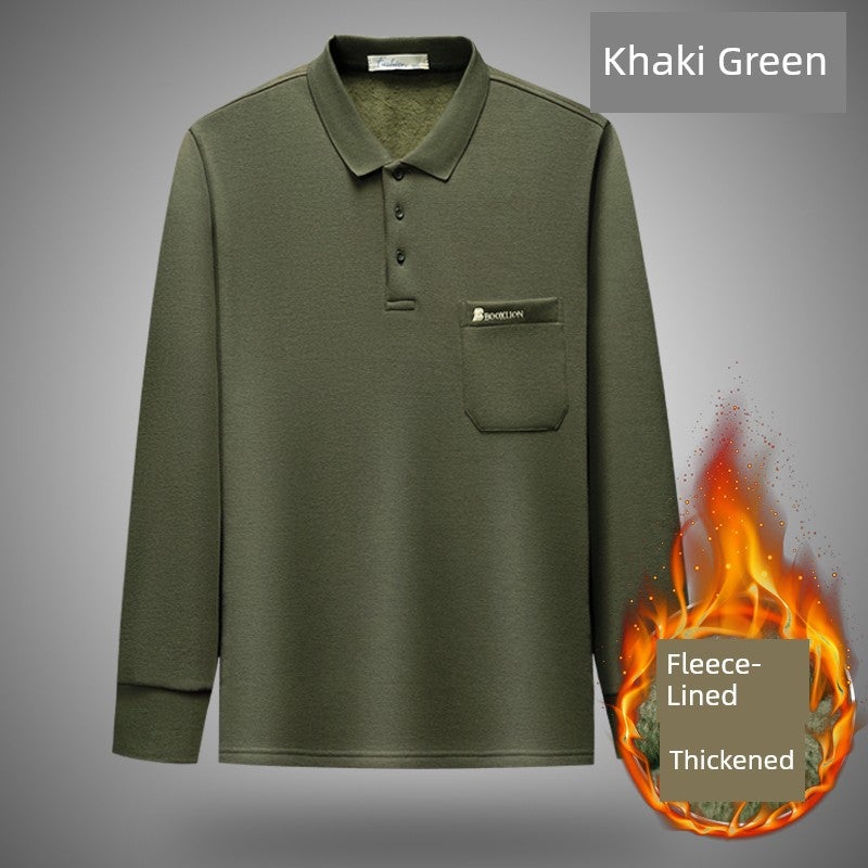 Middle-aged and elderly men's fleece thick T-shirt autumn and winter long-sleeved warm top pure cotton lapel dad thick base shirt - Image 1