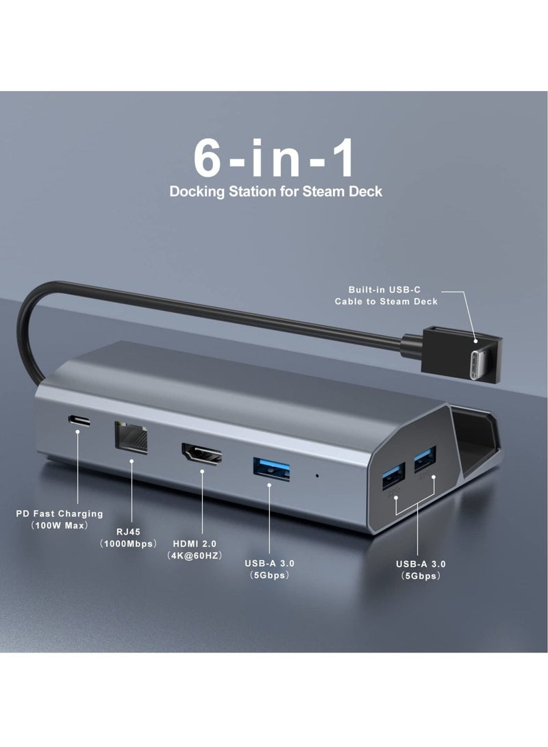 Captaintech 6-in-1 Aluminium Docking Station for Steam Deck - HDMI 2.0 4K@60Hz, 3-Port USB-A 3.0, 1000Mbps Gigabit Ethernet, 100W PD Quick Charge - Multiport Adapter for Valve Steam Deck - Image 2