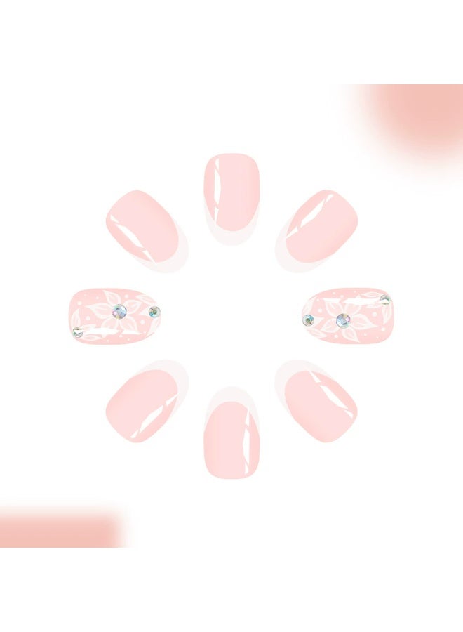 Goolsky Short Oval Press-on Nails with White Crescent French & Floral Rhinestone - Image 3