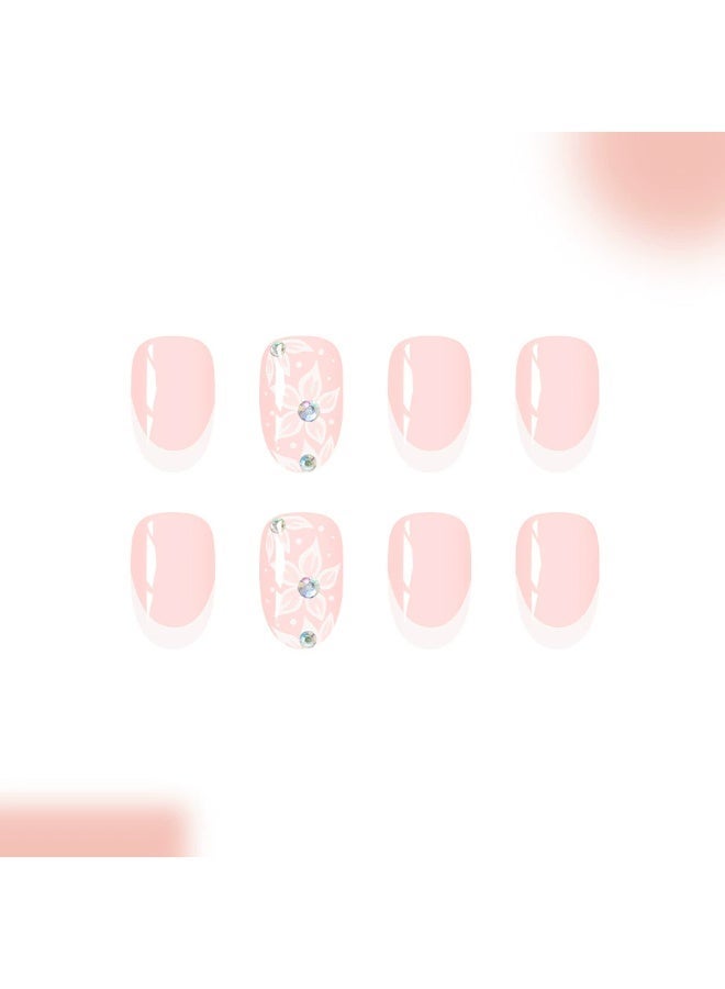 Goolsky Short Oval Press-on Nails with White Crescent French & Floral Rhinestone - Image 2