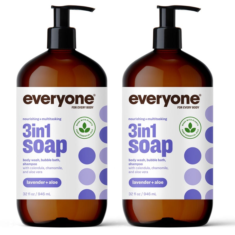 everyone for every body Everyone 3-in-1 Soap, Body Wash, Bubble Bath, Shampoo, 32 Ounce (Pack of 2), Lavender and Aloe, Coconut Cleanser with Organic Plant Extracts and Pure Essential Oils (Packaging May Vary) - Image 1