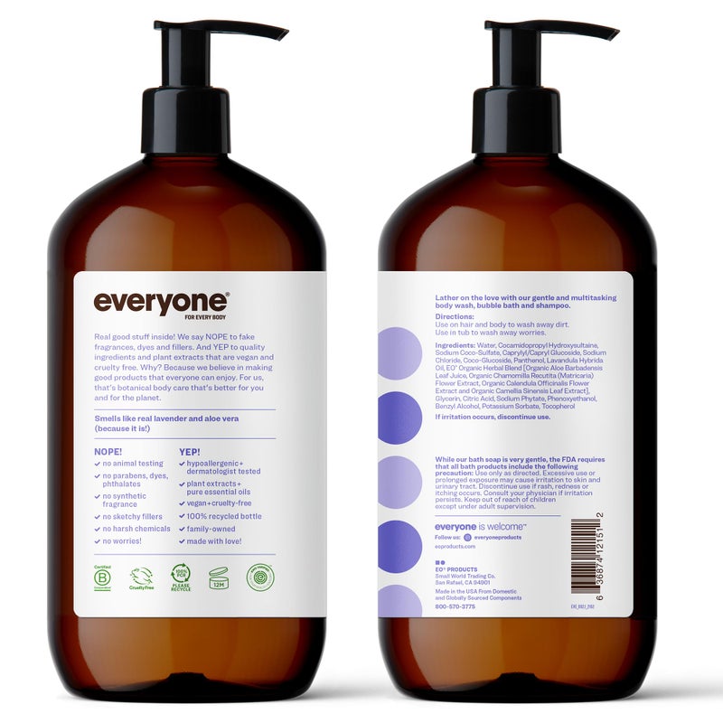 everyone for every body Everyone 3-in-1 Soap, Body Wash, Bubble Bath, Shampoo, 32 Ounce (Pack of 2), Lavender and Aloe, Coconut Cleanser with Organic Plant Extracts and Pure Essential Oils (Packaging May Vary) - Image 2