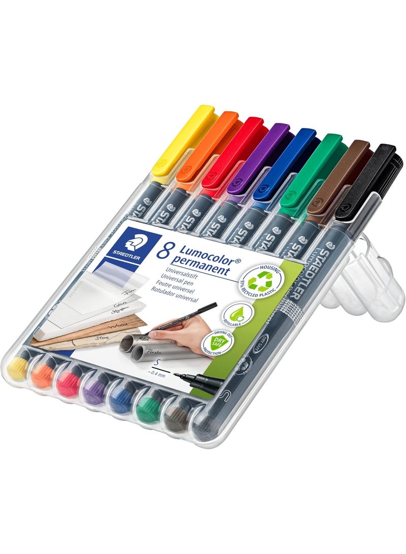 STAEDTLER Lumocolor Universal Pen, Felt Tip, Permanent Marker, Box of 8 Assorted Color Pens, 0.4mm 313 WP8 - Image 2