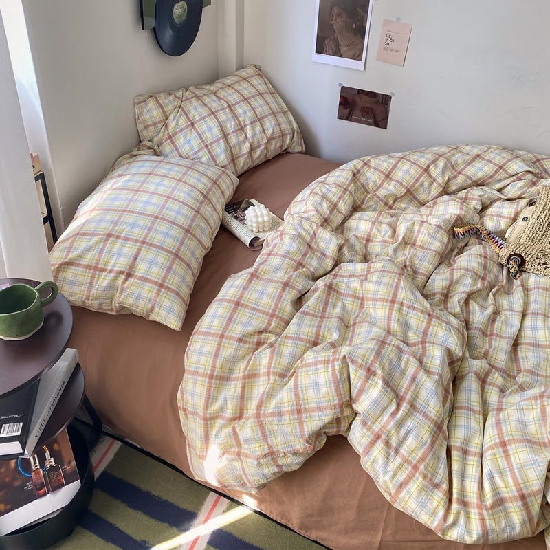 EAVD Buffalo Plaid Duvet Cover Set 3 Piece Vintage Bedding Set with Blue Yellow Pink Grid Soft 100% Washed Cotton Plaid Bedding Set with 2 Pillowcases Modern Gingham Duvet Cover with Zipper Queen - Image 4