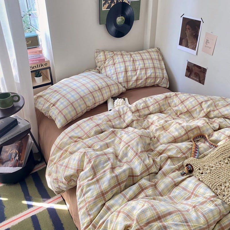 EAVD Buffalo Plaid Duvet Cover Set 3 Piece Vintage Bedding Set with Blue Yellow Pink Grid Soft 100% Washed Cotton Plaid Bedding Set with 2 Pillowcases Modern Gingham Duvet Cover with Zipper Queen - Image 2