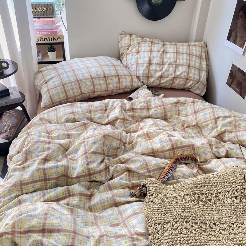 EAVD Buffalo Plaid Duvet Cover Set 3 Piece Vintage Bedding Set with Blue Yellow Pink Grid Soft 100% Washed Cotton Plaid Bedding Set with 2 Pillowcases Modern Gingham Duvet Cover with Zipper Queen - Image 5