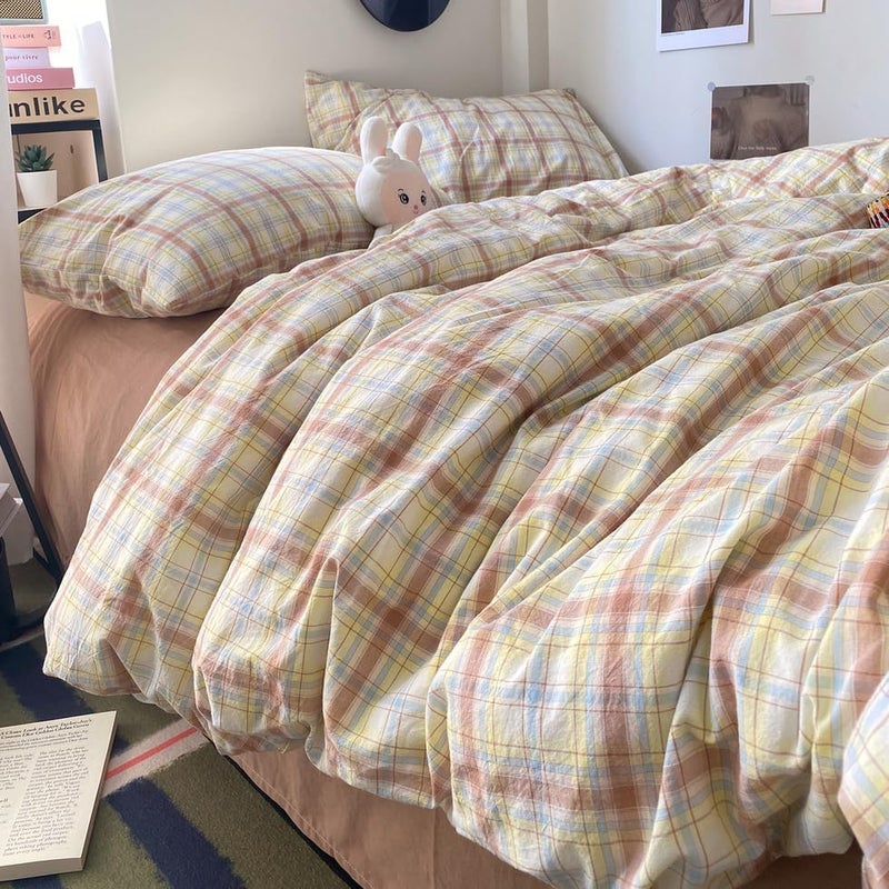 EAVD Buffalo Plaid Duvet Cover Set 3 Piece Vintage Bedding Set with Blue Yellow Pink Grid Soft 100% Washed Cotton Plaid Bedding Set with 2 Pillowcases Modern Gingham Duvet Cover with Zipper Queen - Image 1
