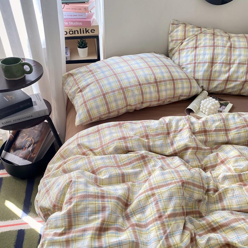 EAVD Buffalo Plaid Duvet Cover Set 3 Piece Vintage Bedding Set with Blue Yellow Pink Grid Soft 100% Washed Cotton Plaid Bedding Set with 2 Pillowcases Modern Gingham Duvet Cover with Zipper Queen - Image 3