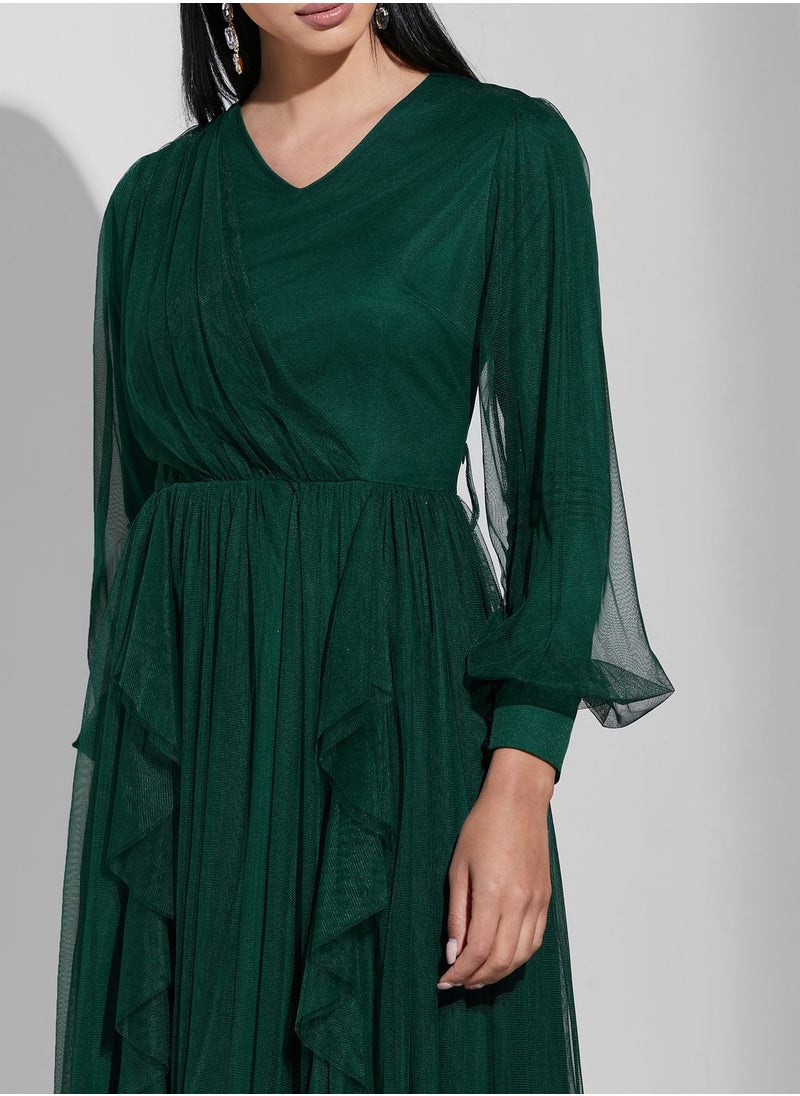 Namshi X Trendyol - Tulle V-Neck Ruffle Detail Dress - Image 1