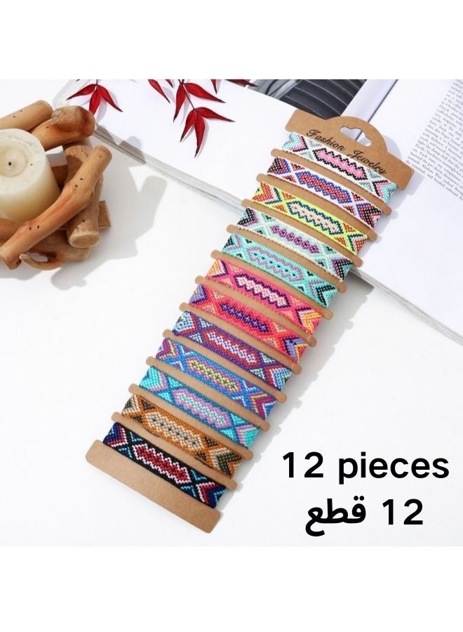 أساور صداقة منسوجة مكونة من 12 قطعة، أساور مضفرة قابلة للتعديل، أساور ملونة مصنوعة يدويًا مع عقدة منزلقة، هدية لعيد الميلاد/هدية عيد ميلاد/حفل عيد الأضحى - Image 1