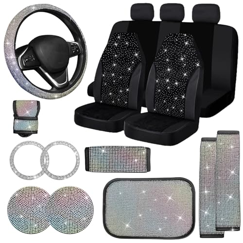 Jusen 17 Pack Bling Car Seat Covers Set Car Diamond Accessories Rhinestone Crystal Steering Wheel Cover Bling Velvet Breathable Multicolor Half Part Bling - Image 1