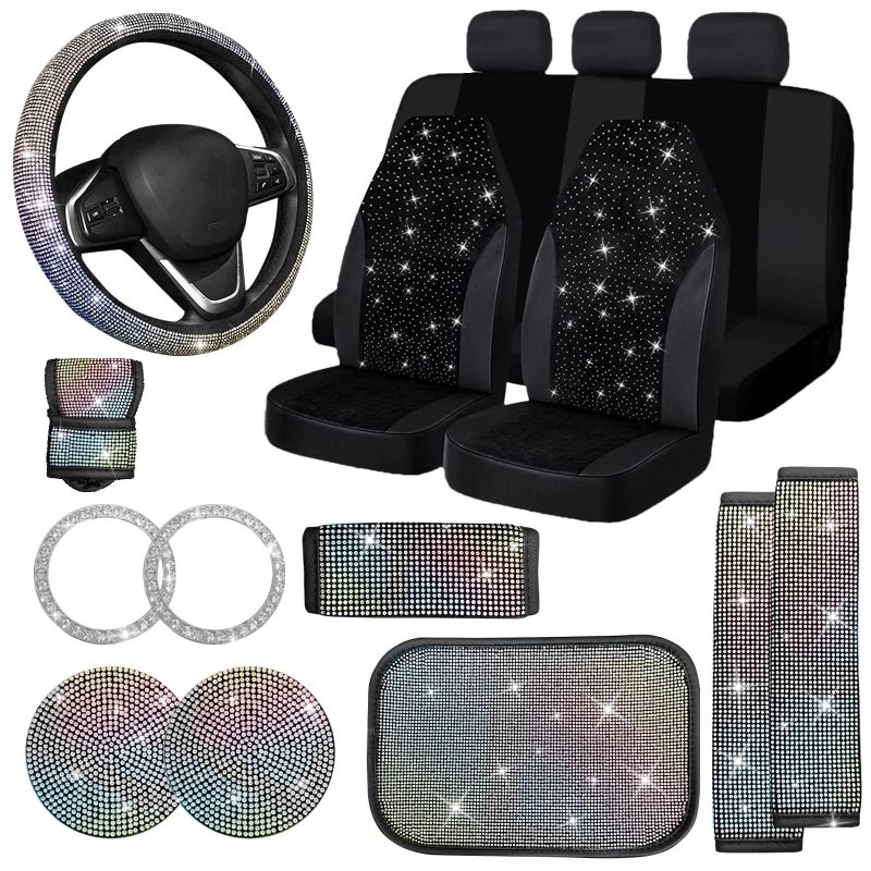 Jusen 17 Pack Bling Car Seat Covers Set Car Diamond Accessories Rhinestone Crystal Steering Wheel Cover Bling Velvet Breathable Multicolor Half Part Bling - Image 2