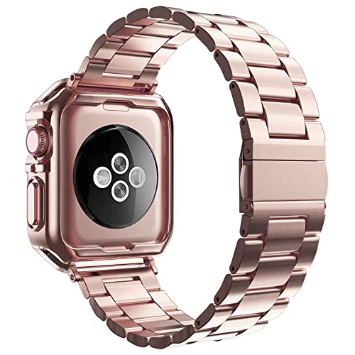 MRYUESG Designed for Apple Watch Band and Case, Stainless Steel Metal Chain with TPU Cover, Smart-Watch Link Bracelet Strap, Wrist-Band for i-Watch Series 9 8 7 6 5 4 3 2 1 SE, 45mm 44mm 42mm, Rose-Gold - Image 2